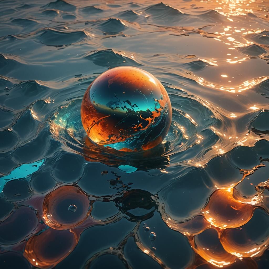 a closeup of a planet floating in water with a beautiful sun...