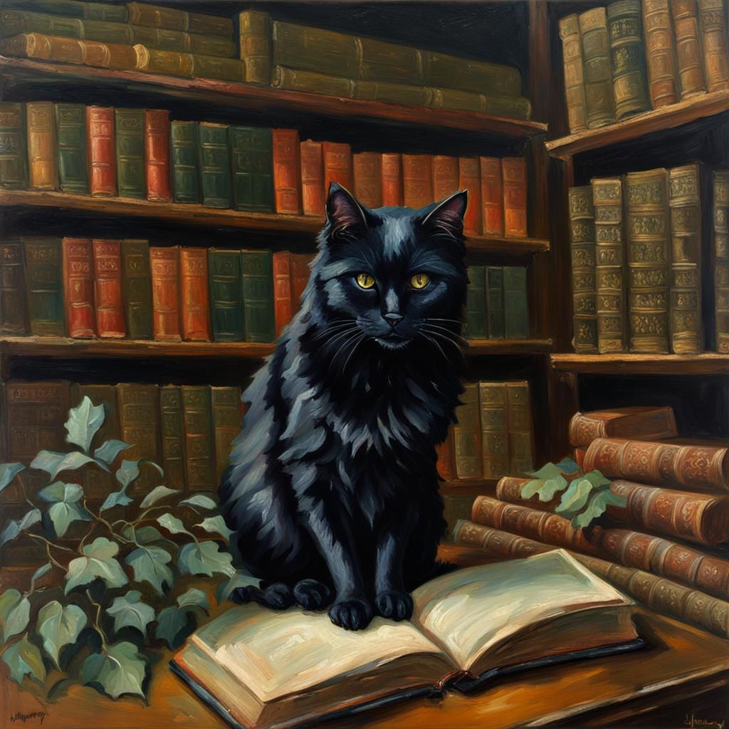 victorian antique library fluffy black cat green eyes books ...