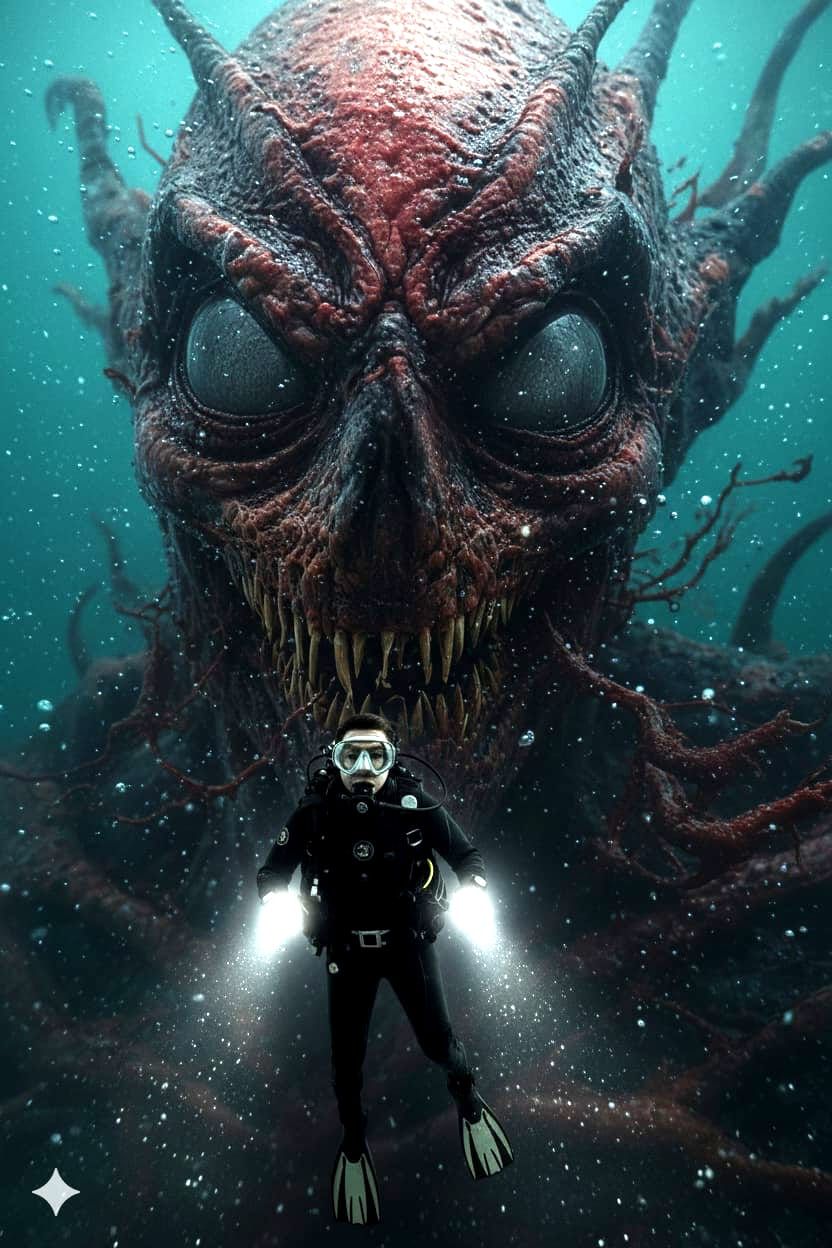 Scary 8k Vintage Black and white style thalassophobia horror found footage REC image of a terrified Scuba diver cornered by the bloop sea mo... - Start Image 2