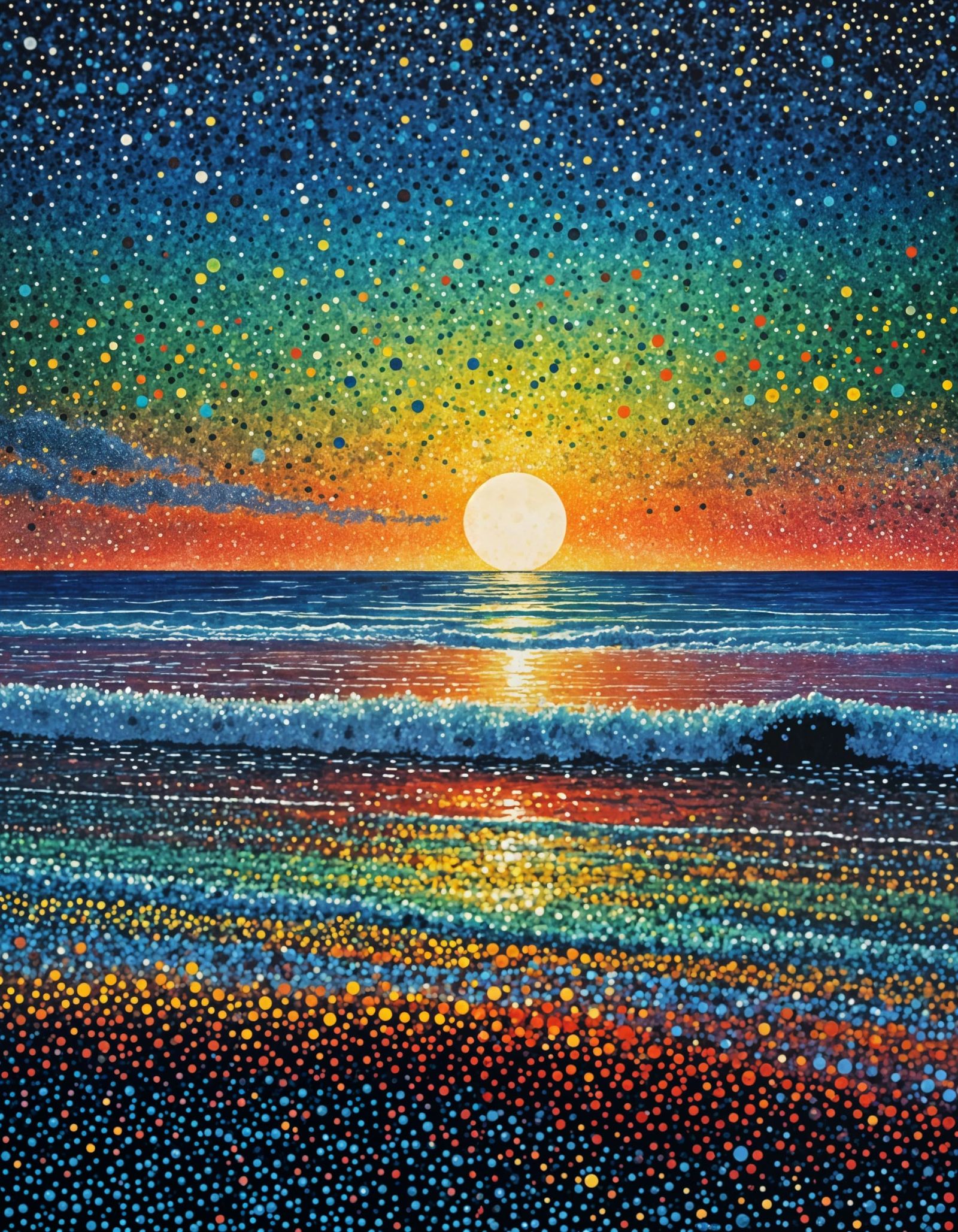 A landscape made of coloured dots, capturing a Moon-rise over a Rough Sea  by @Buffy Winters
