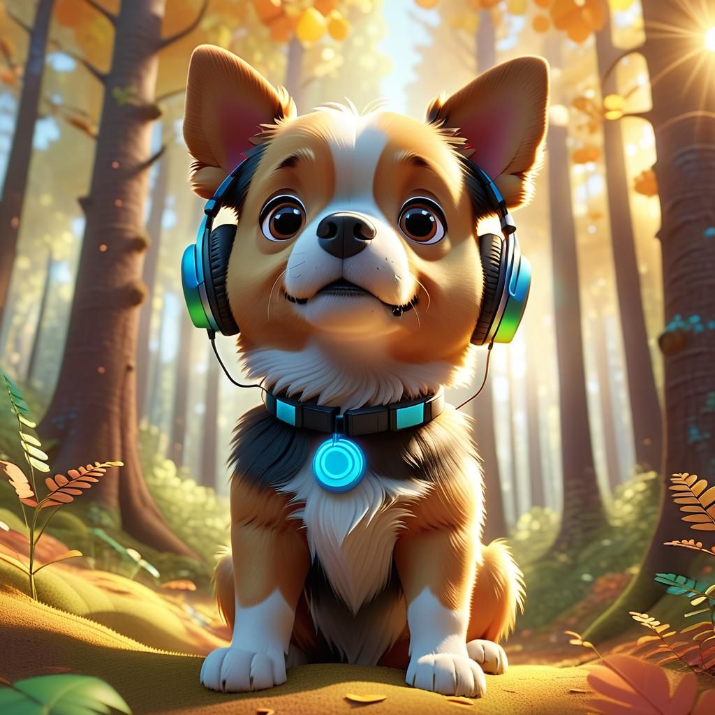 Cartoon Dog Listening to Music in Animated Forest