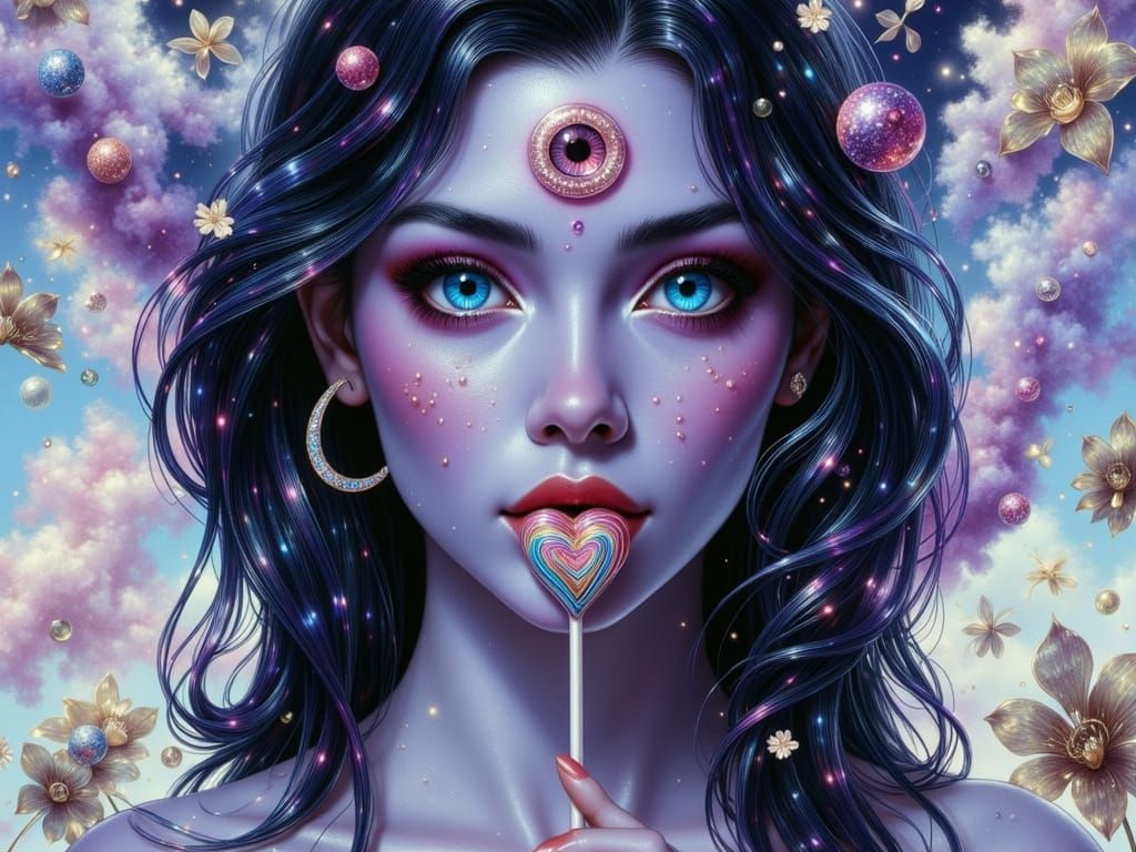 <lora:Dreamy Enchantment:1.0> <lora:Exquisite Flux:1.0> <lora:Third Eye:1.0> Surreal fantasy pin-up of a candycore "TRICLOPS" femme fatale i...