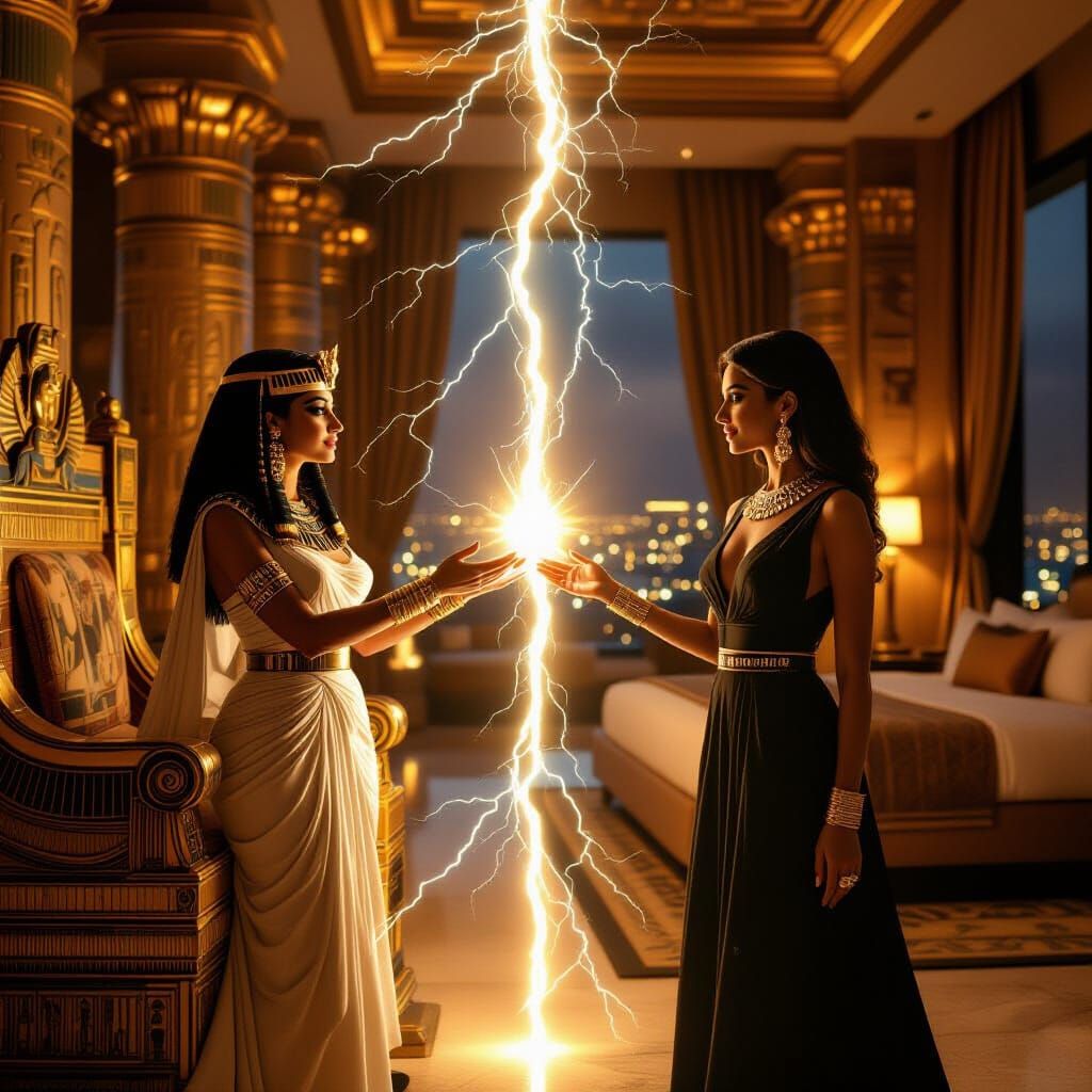 A vertically split image divided by a crackling lightning rift. On the left side: Cleopatra standing in her grand throne hall, facing the di...