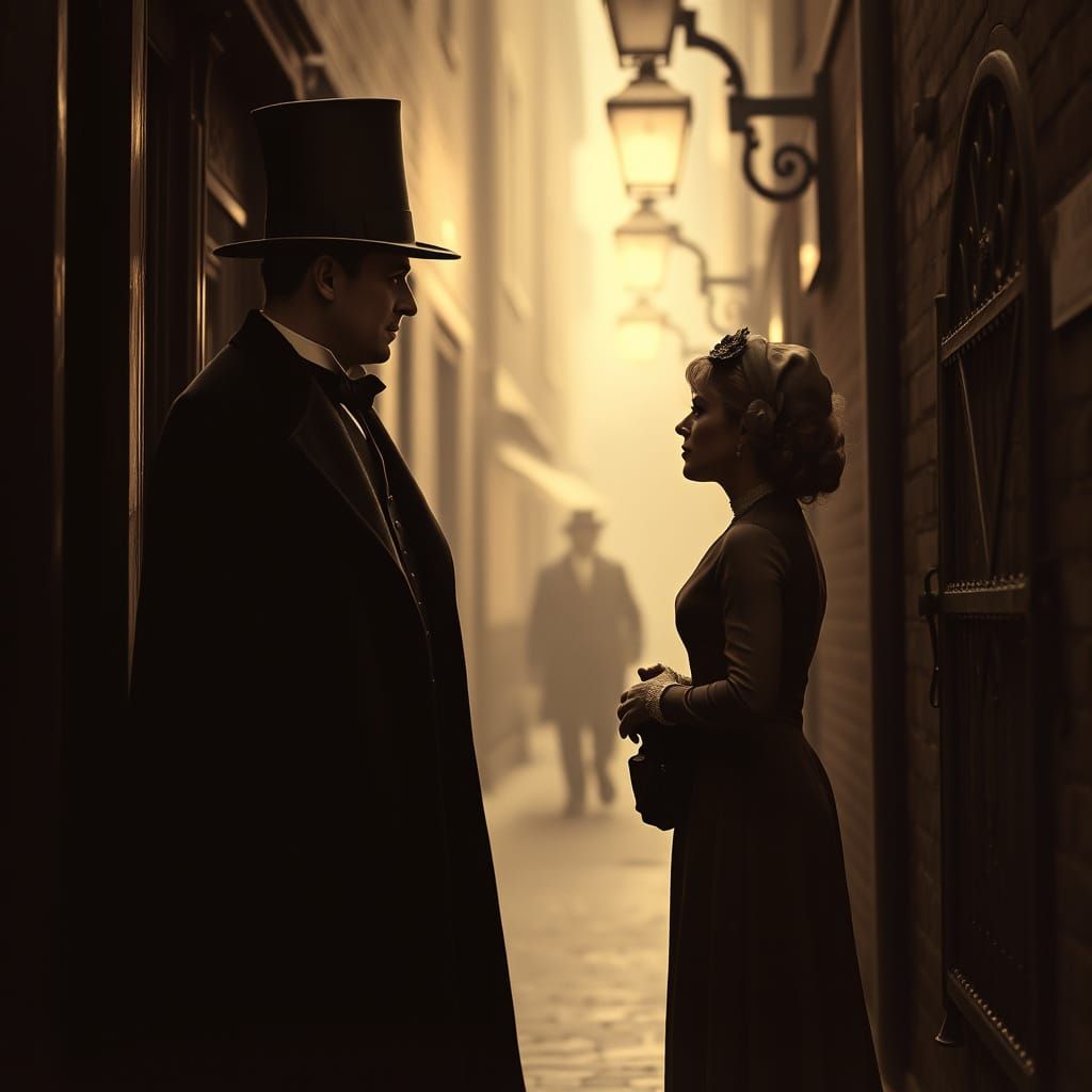 In the style of a Victorian daguerreotype display a man, wearing a cape and top hat, talking to a fancy woman in a dark alley. Sepia lightin...