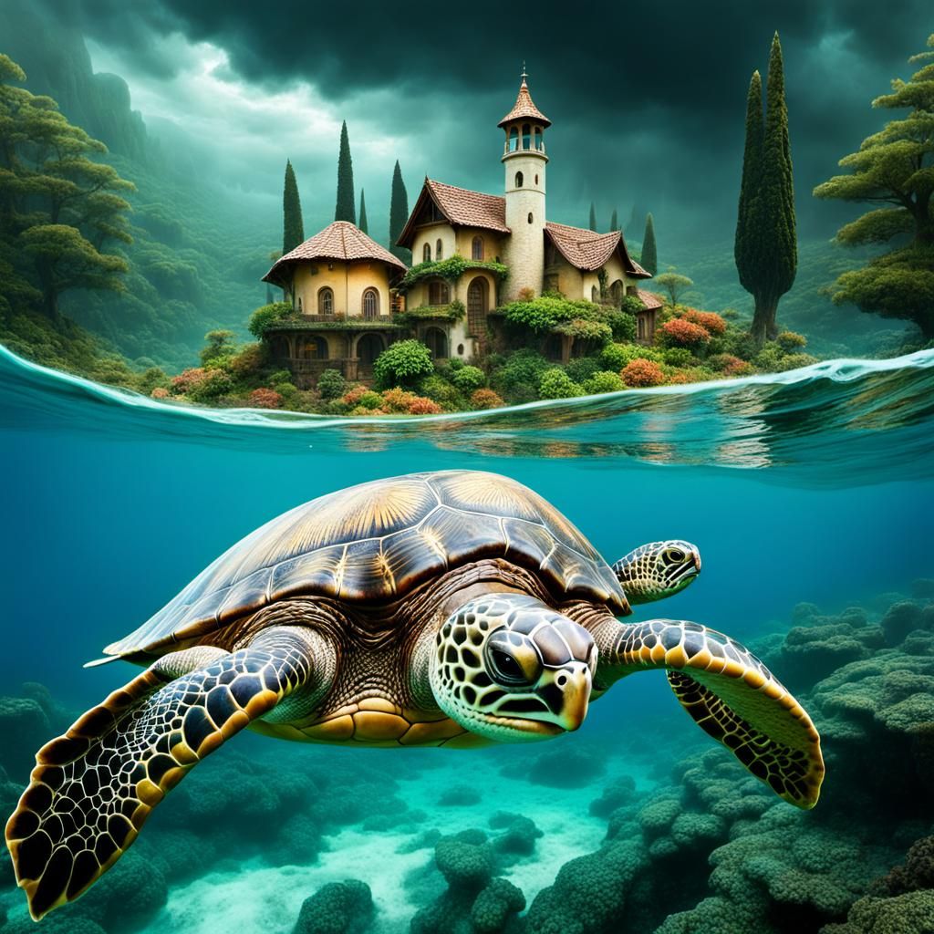 sea turtle swims through a stormy ocean