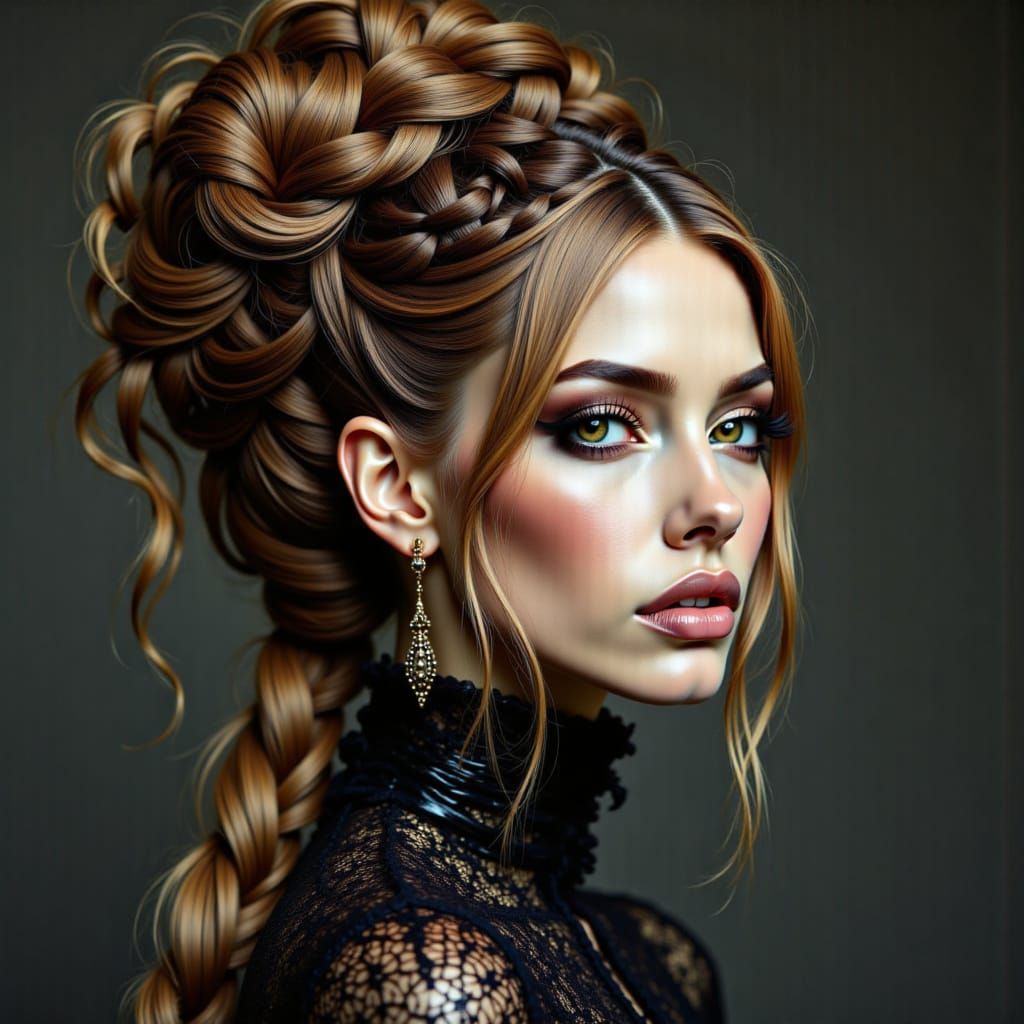 Expressive 3/4-profile  portrait soft rendering of a stunningly beautiful Hungarian woman, large intense eyes, avantgarde hairstyle with ela...