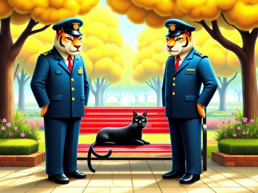 <lora:Naivepunk V2:1.0> Two tigers dressed as police officers standing in a park in front of a red bench. A cat is sitting on the bench at t...