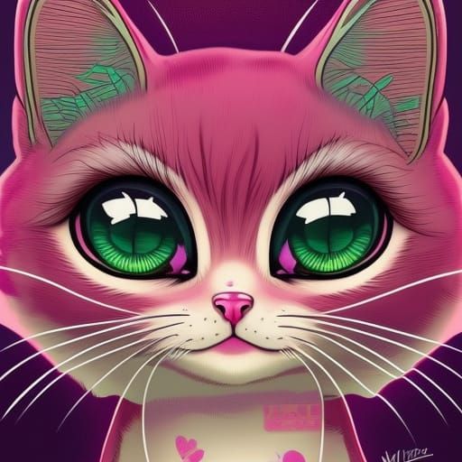 pink kawaii cartoon kitten with big eyes digital illustratio...