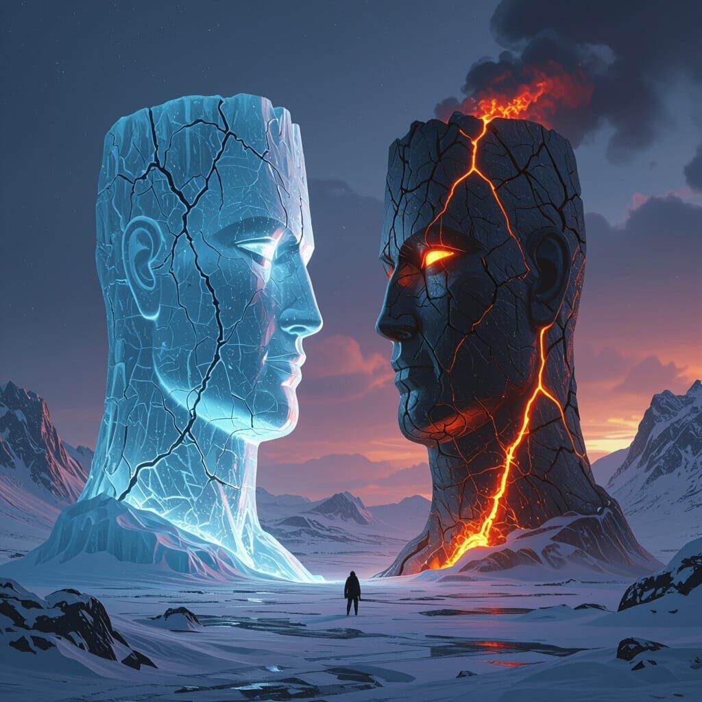 Dual Colossal Statue in Snowy Volcanic Wasteland