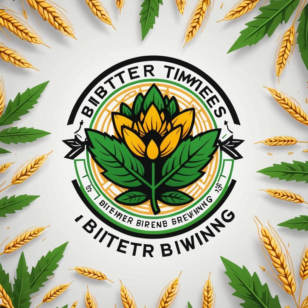 Logo with a large hop flower in the center, and wheat stalks...