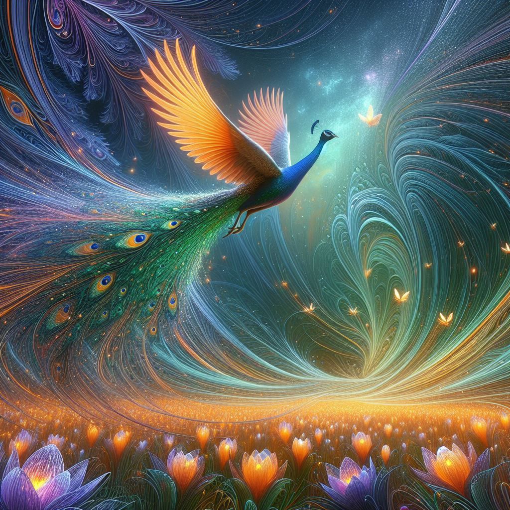 Peacock flying above crocus field