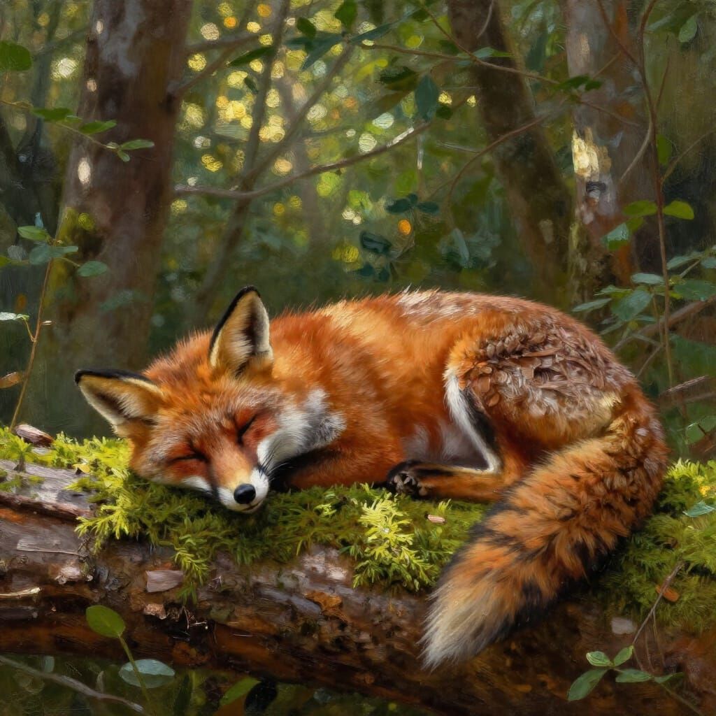Fox Sleeping in Sun-Dappled Forest