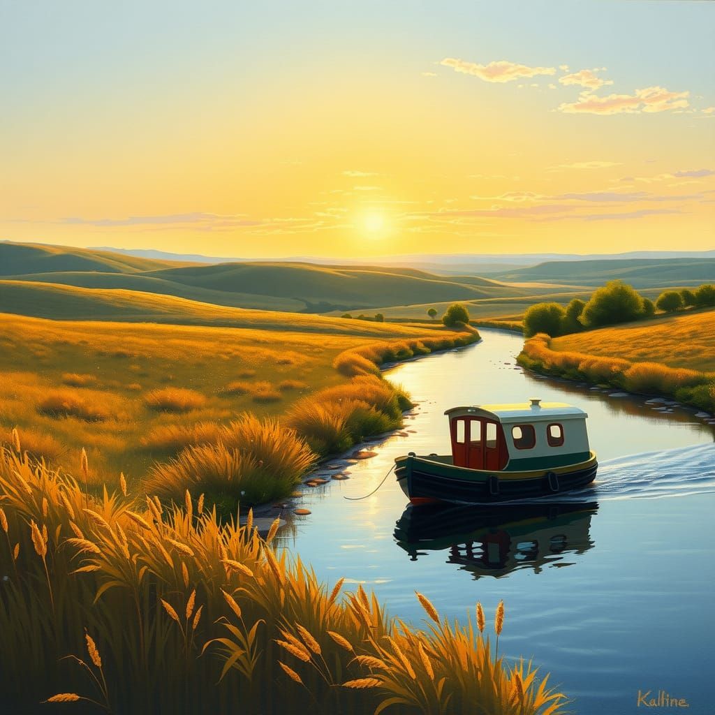 Idyllic Sunset Over Meadow in Gouache Style