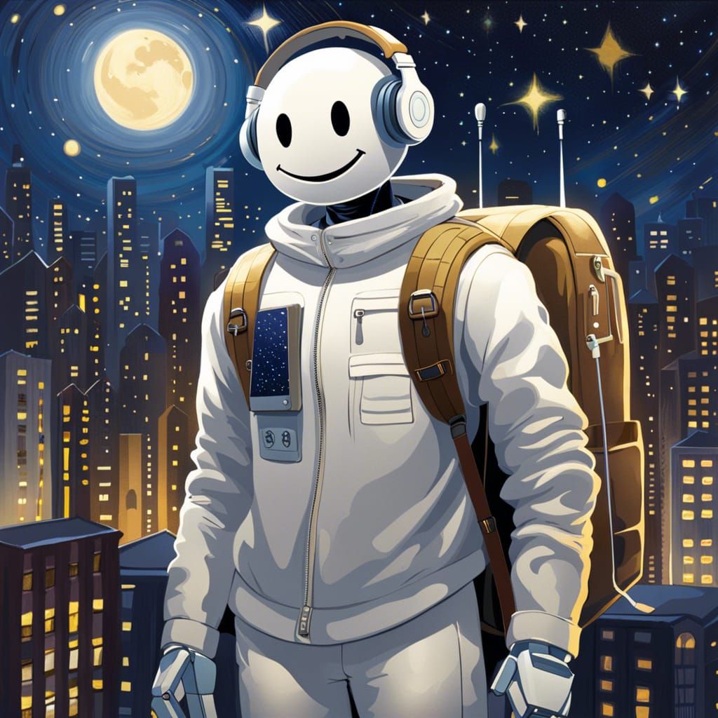 Humanoid Robot with Smiley Face in City at Night