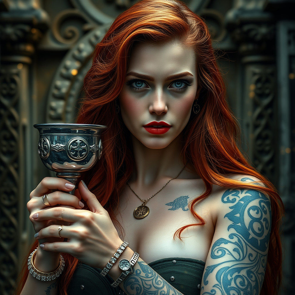 beautiful pre-raphaelite Celtic priestess with tattoos of Ce...