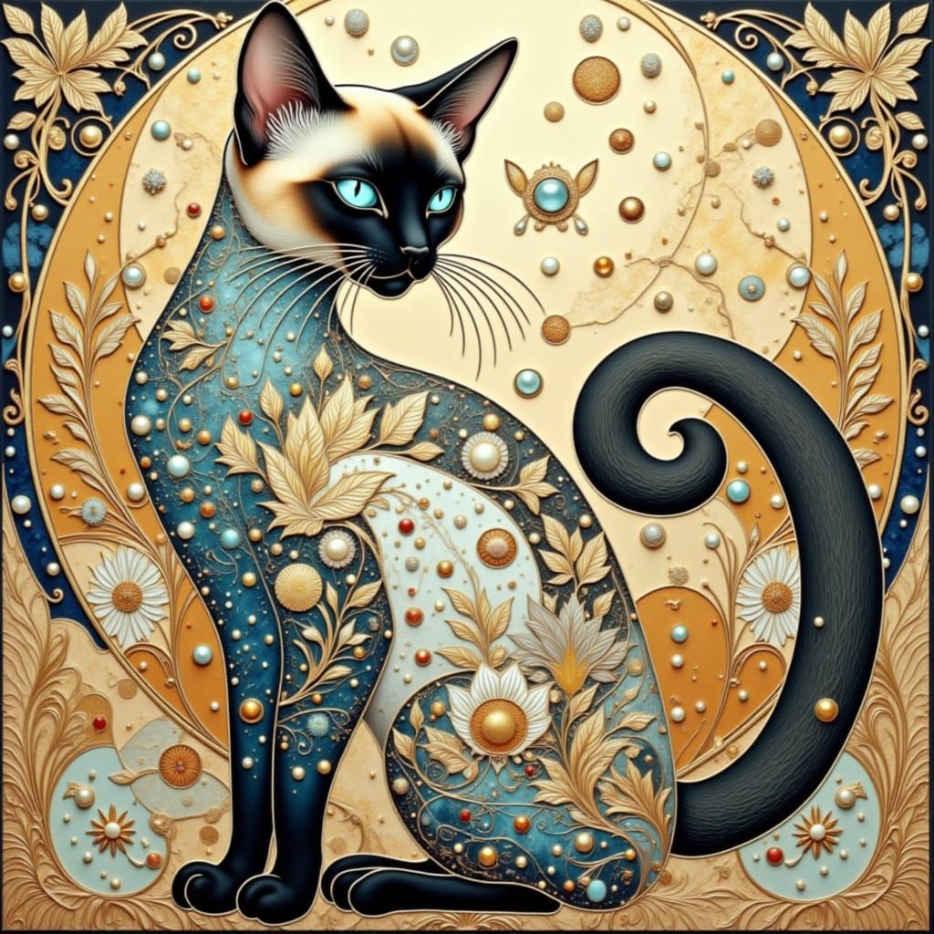 Elegant Siamese cat, in the style of Klimt and Mucha. Intricate, detailed, beautiful <lora:Earth and aura:1.0> 