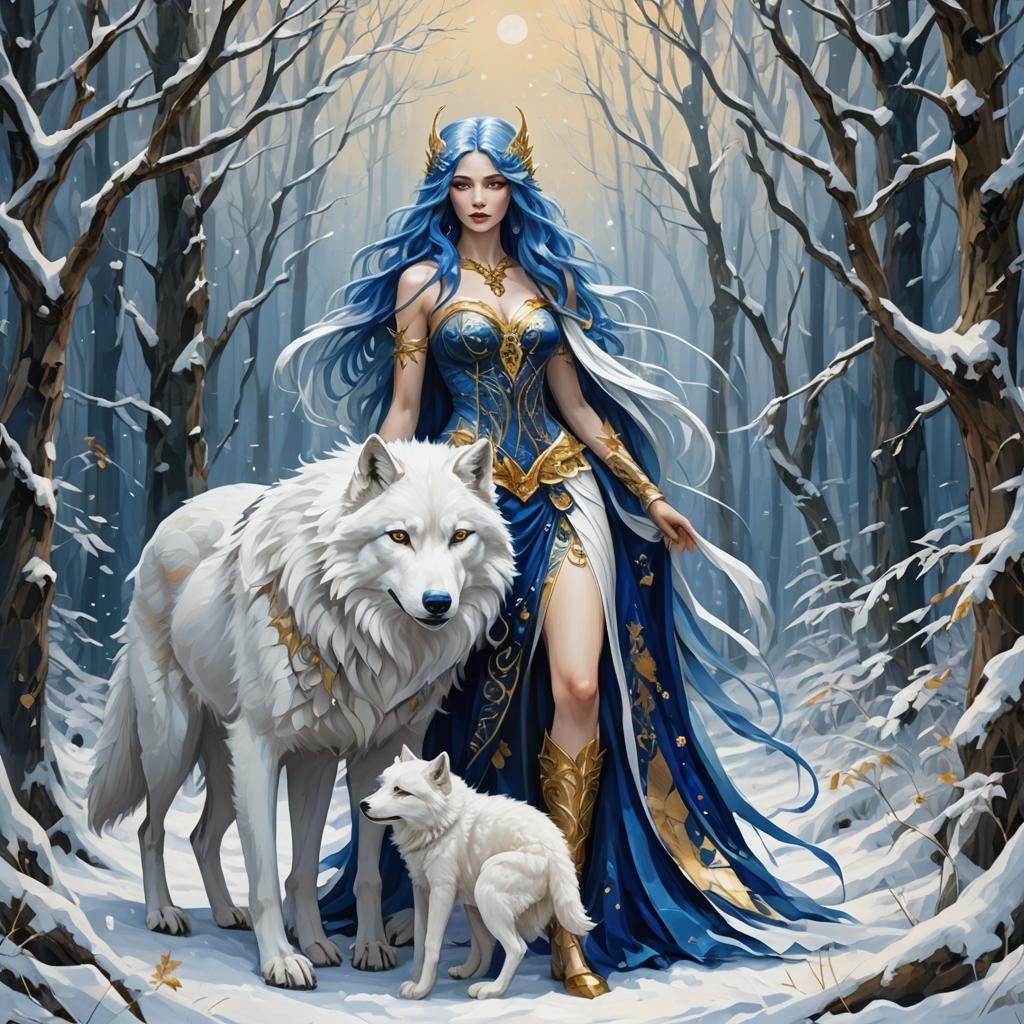Sapphire Haired Fairy Goddess in Snowy Forest