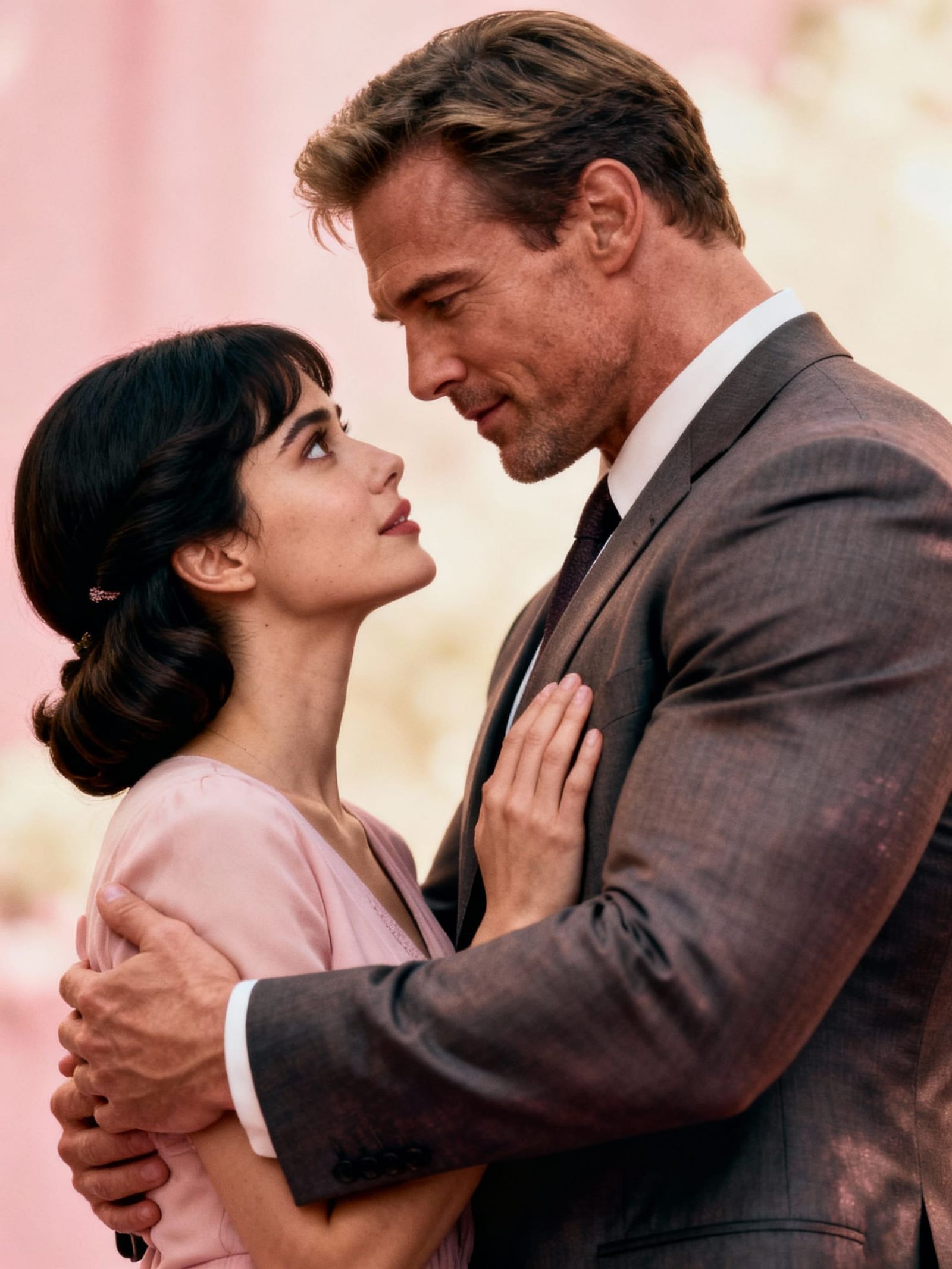 Leaning in, her eyes close, as their lips brush in a light kiss. Her hand moves to cup his neck.