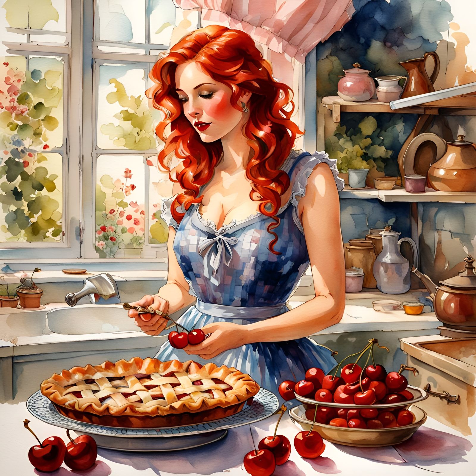 Cherry pie with lattice top crust, yummy, delicious, held by a voluptuous redhead woman wearing a low ...  by @JACK ANDREASEN