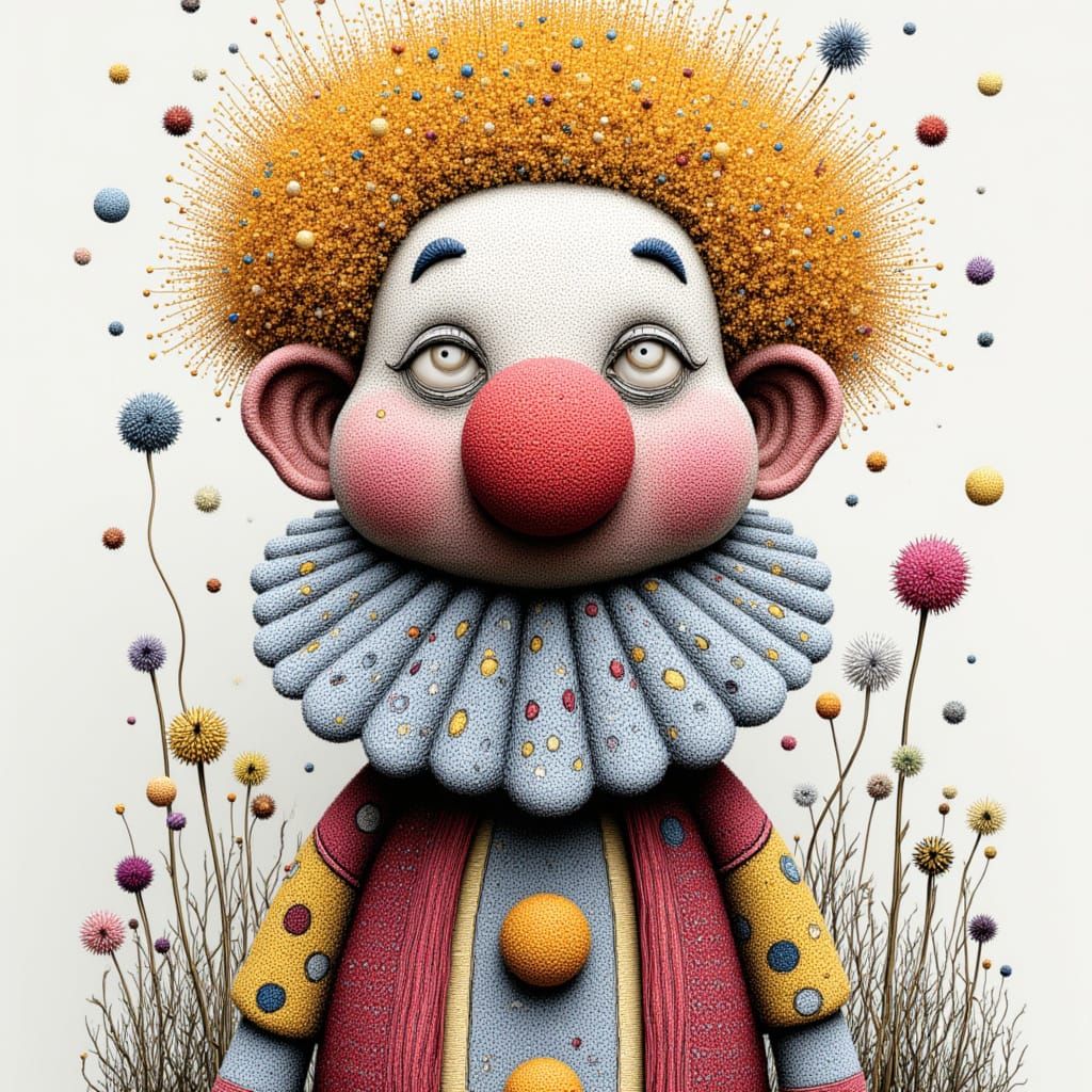 <lora:DOTSPEN:1.0> pointillism, hand-drawn illustration,  sad colorful clown, Billy Buttons