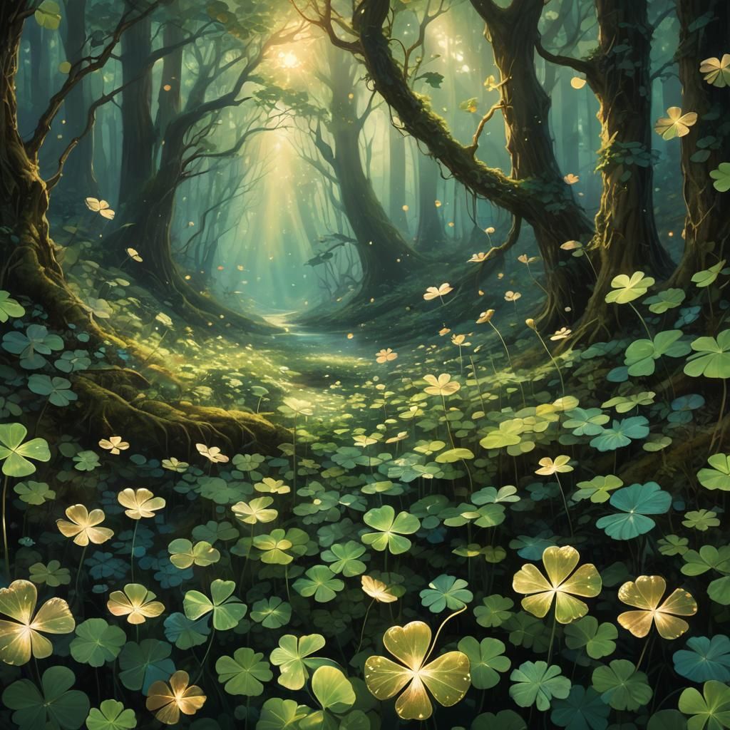 Mystical Four-Leaf Clover in a Fantasy Forest