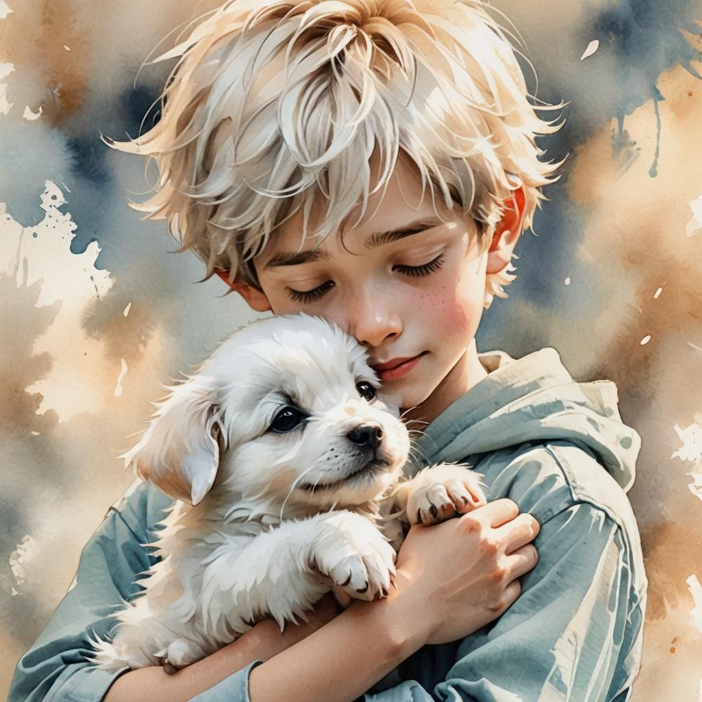 Boy and Puppy: Watercolor Anime Friendship