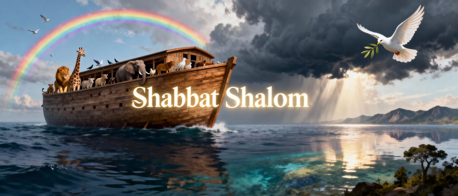 Shabbat Shalom: Noah's Ark Illustration with Rainbow