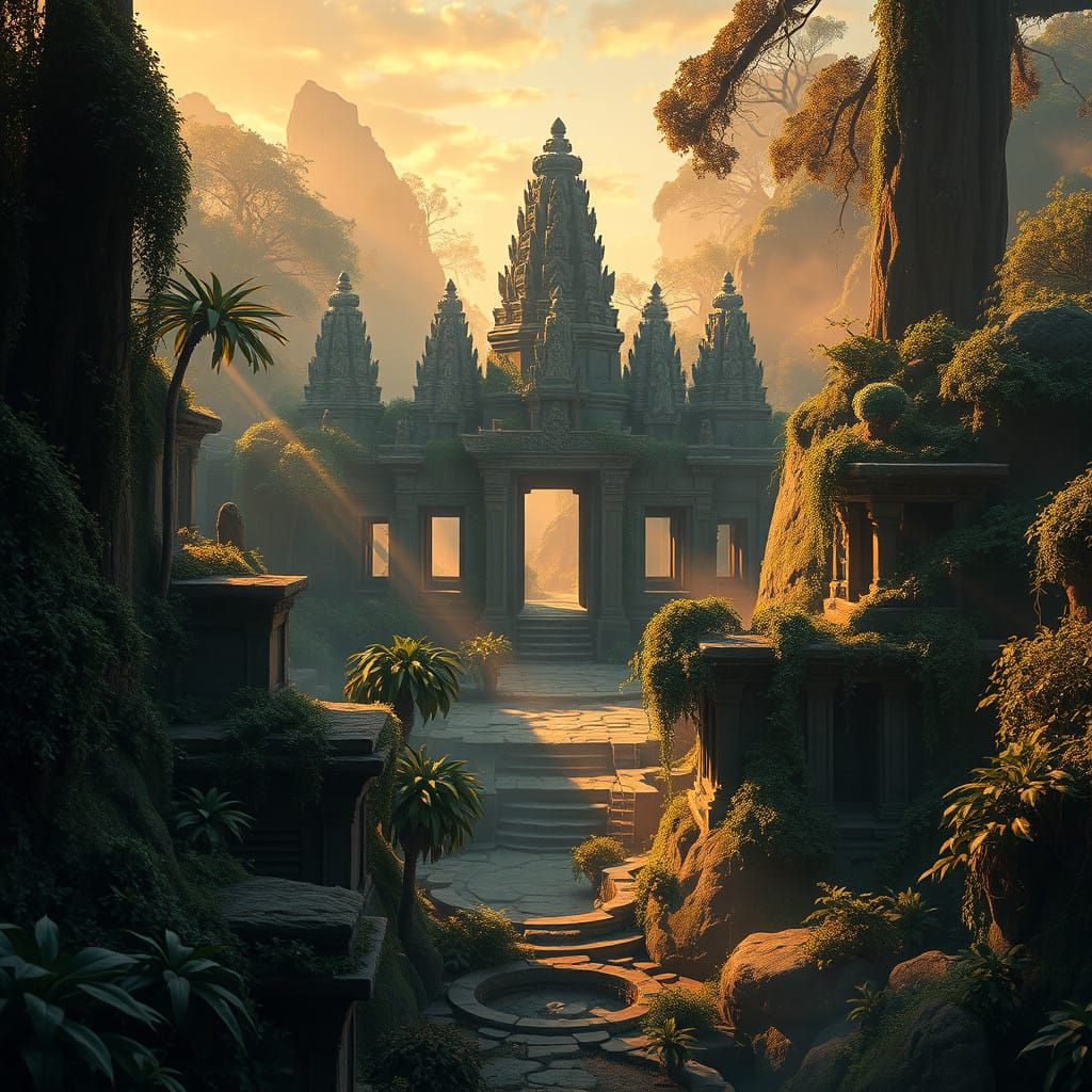 Epic Temple Ruins at Dusk in Vibrant, Mystical Landscapes
