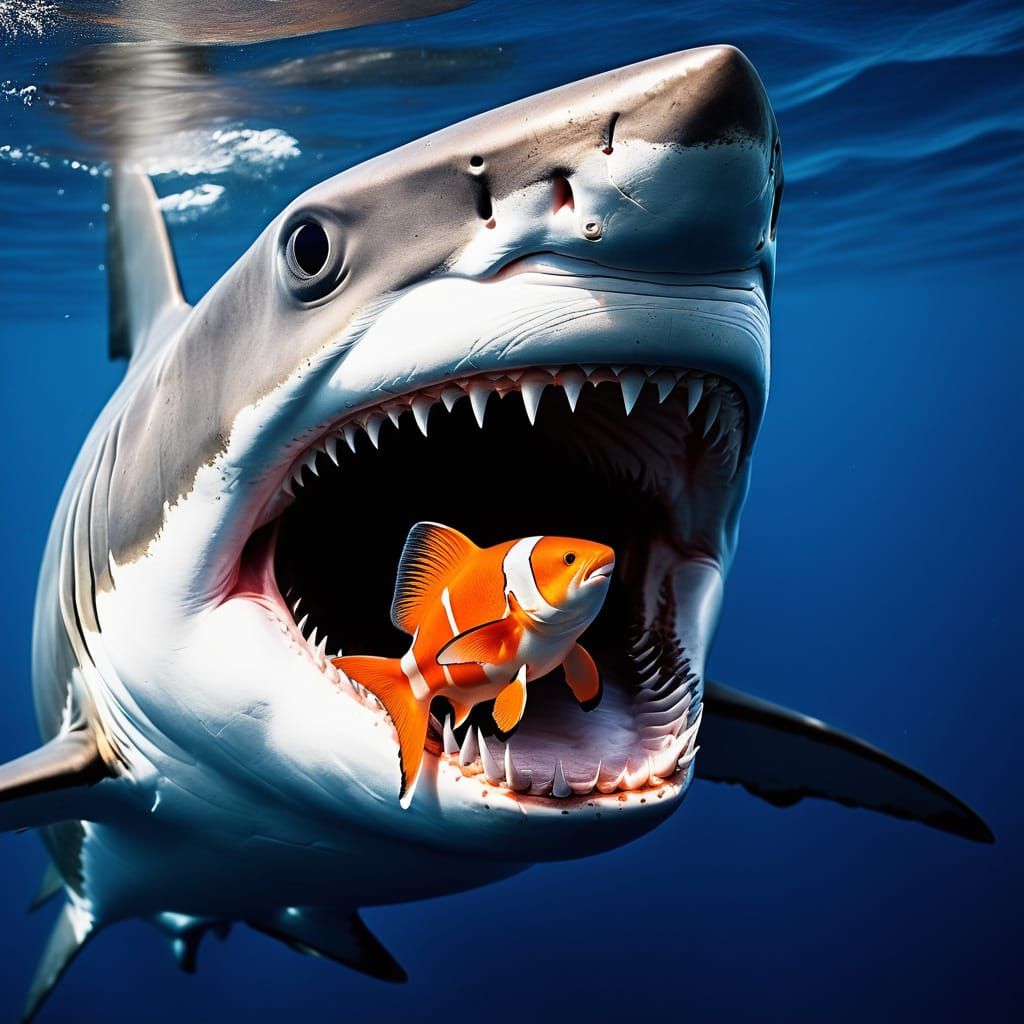 Vibrant Underwater Scene: Great White Shark Surrounded by Cl...