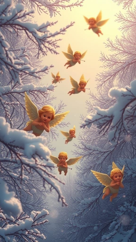 In winter’s hush, where soft snow lies,
Cherubs drift from silver skies.
With wings so light and faces fair,
They bring a warmth to the fros...