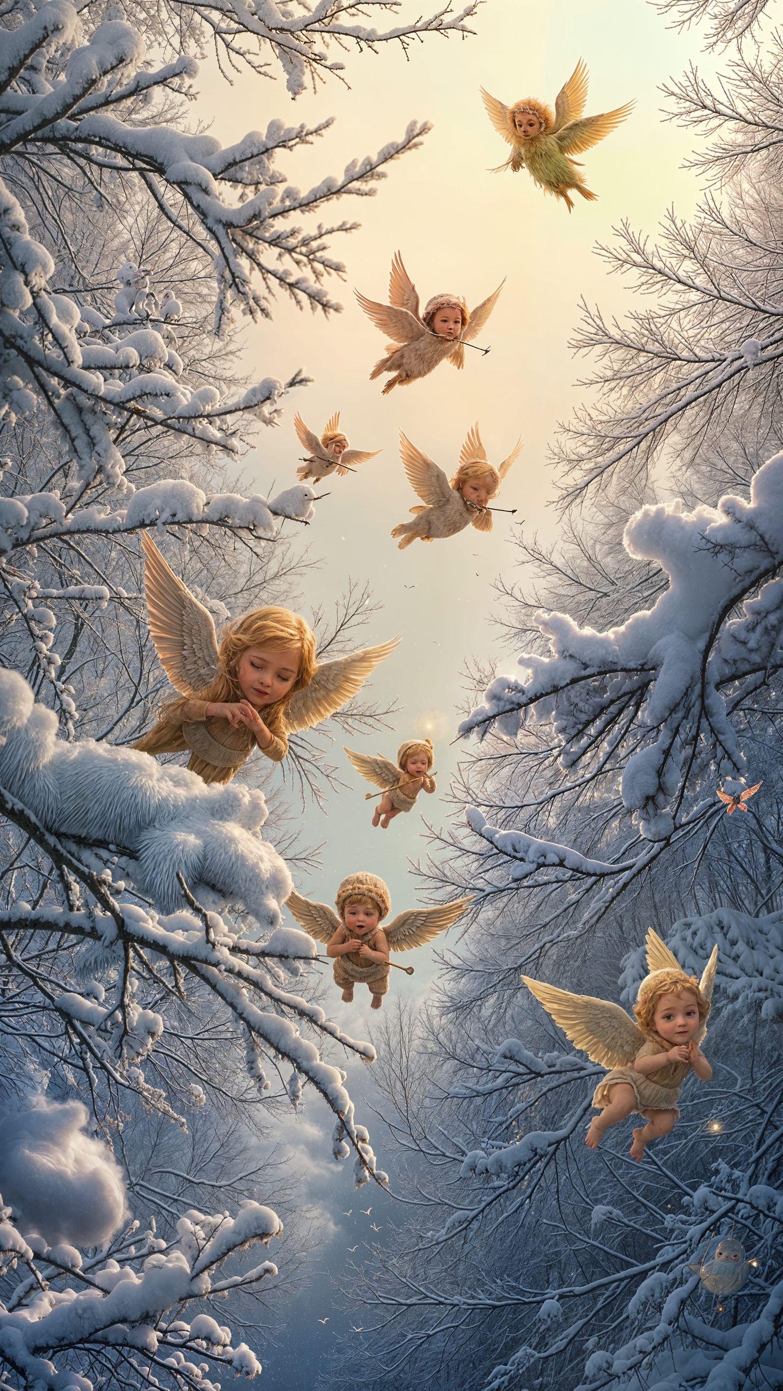 In winter’s hush, where soft snow lies,
Cherubs drift from s...