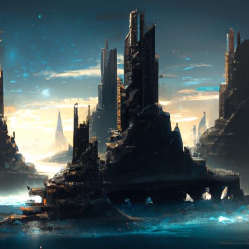 carved dark towers rise out of ocean oil slick shine, dark s...