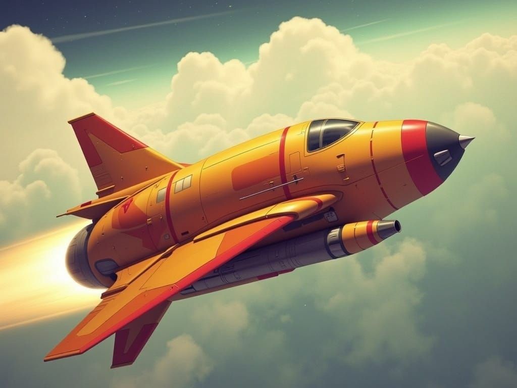 <lora:Astronavis:1.0>8k, cel shaded close-up head-on view of speedy racer starship in the style of Space Gooze, speeding across clouds in u...