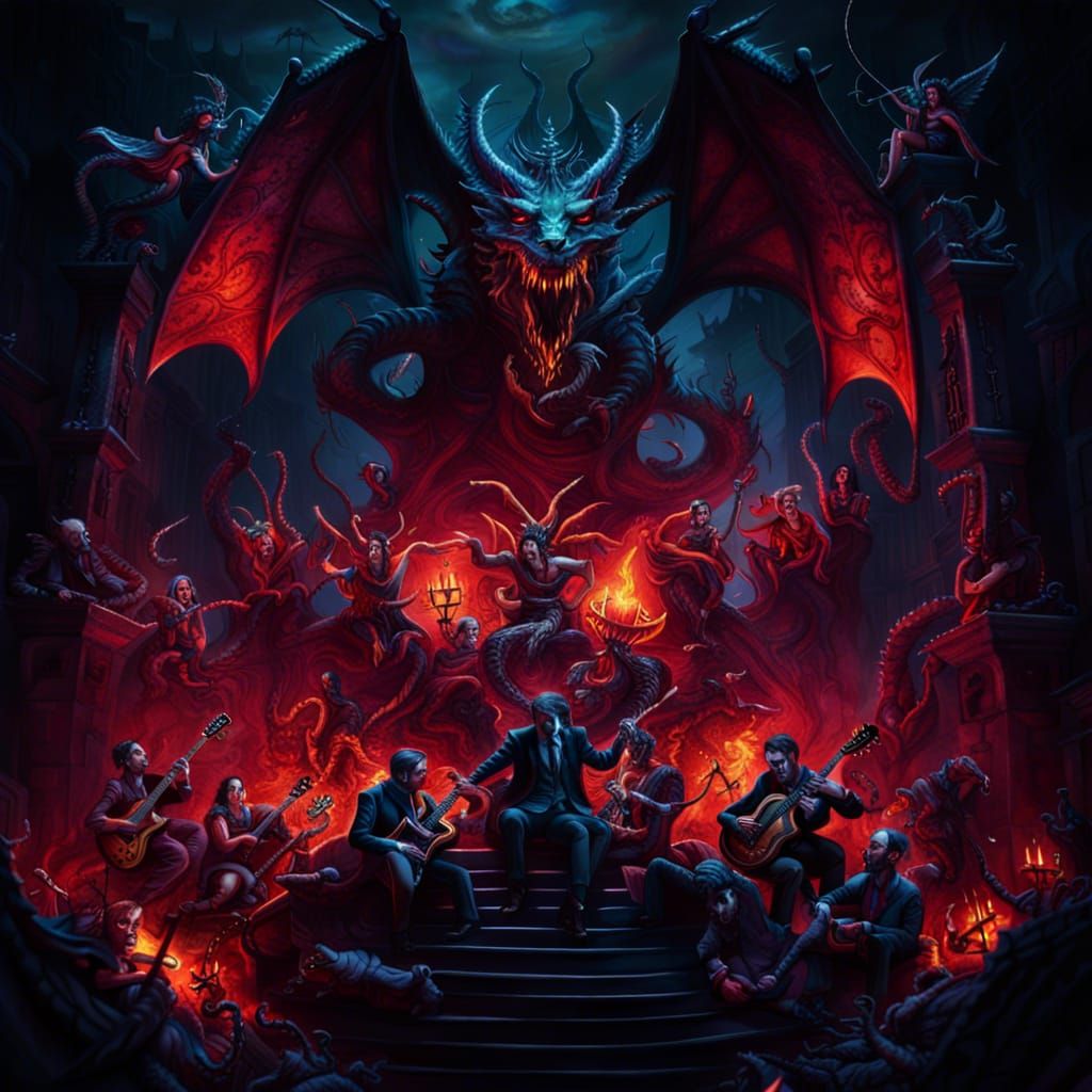 In hell a demonic orchestra musicians playing in a pit to Satan on his