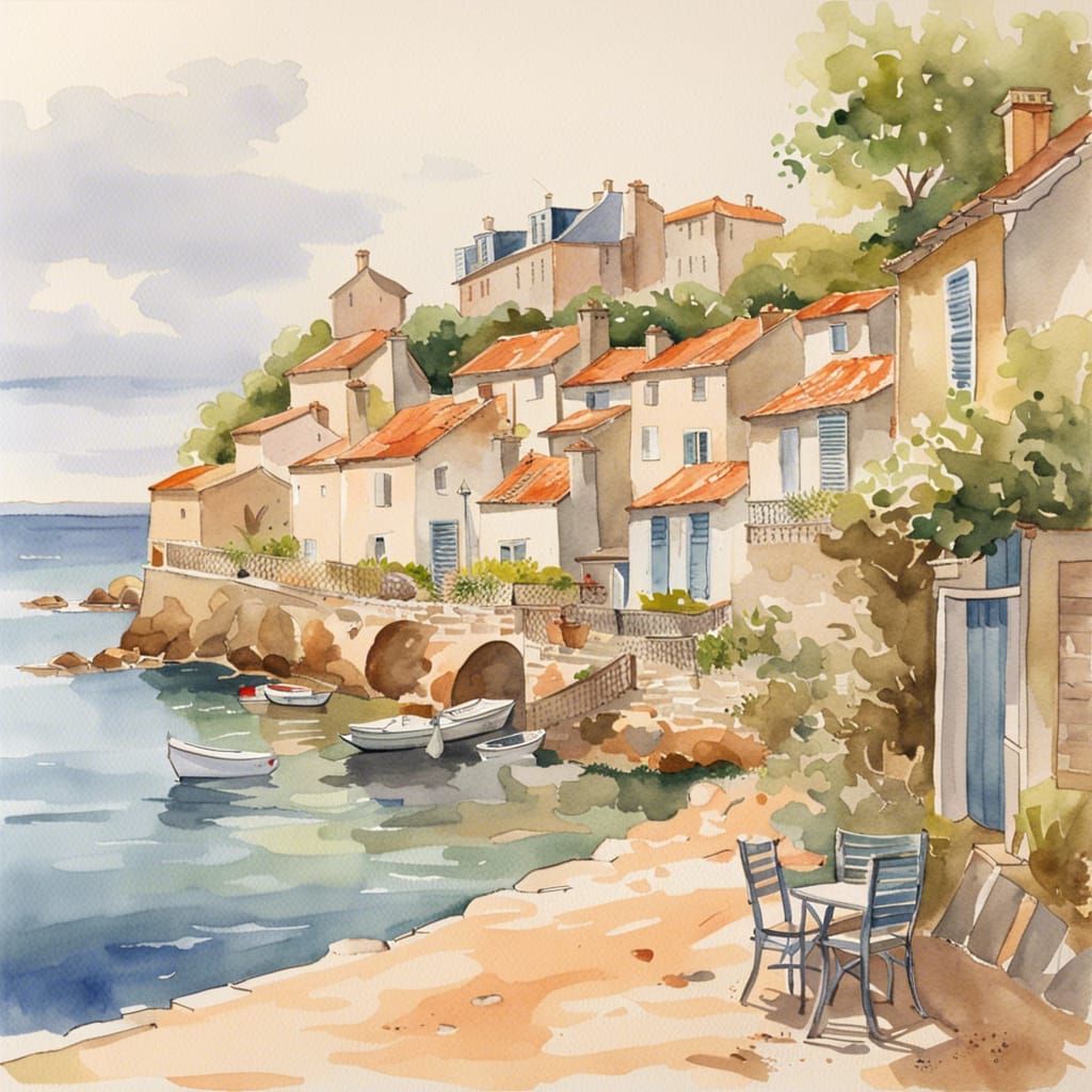 watercolor of an old French coastal village