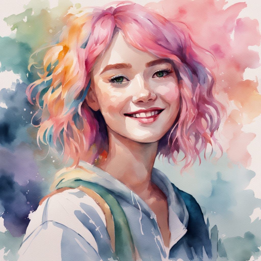 Pastel Watercolor Portrait of a Young Woman with Bright Pink...