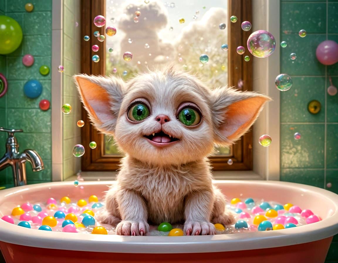 Whimsical Gremlins Bathroom Scene in Pastel Colors