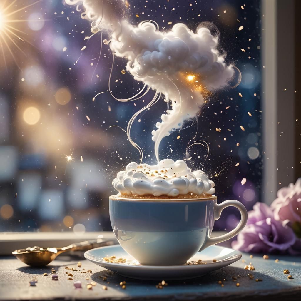 The image shows a whimsical scene where a fluffy white cloud hovers above a steaming cup of coffee. Tiny ...  by @Chop