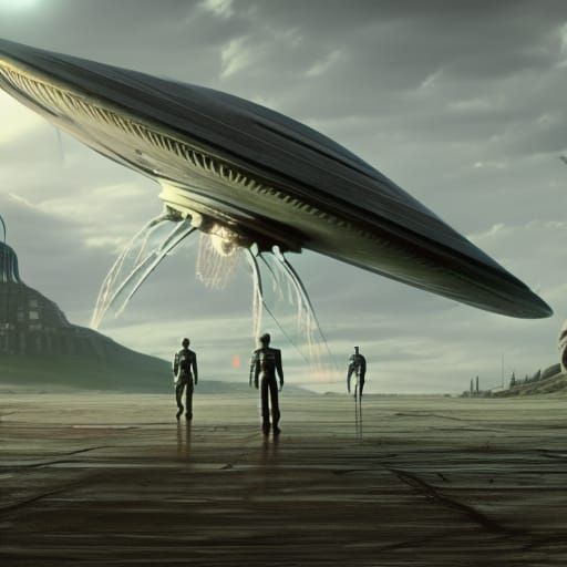 Extraterrestrial Aliens stepping out of a flying saucer UFO....