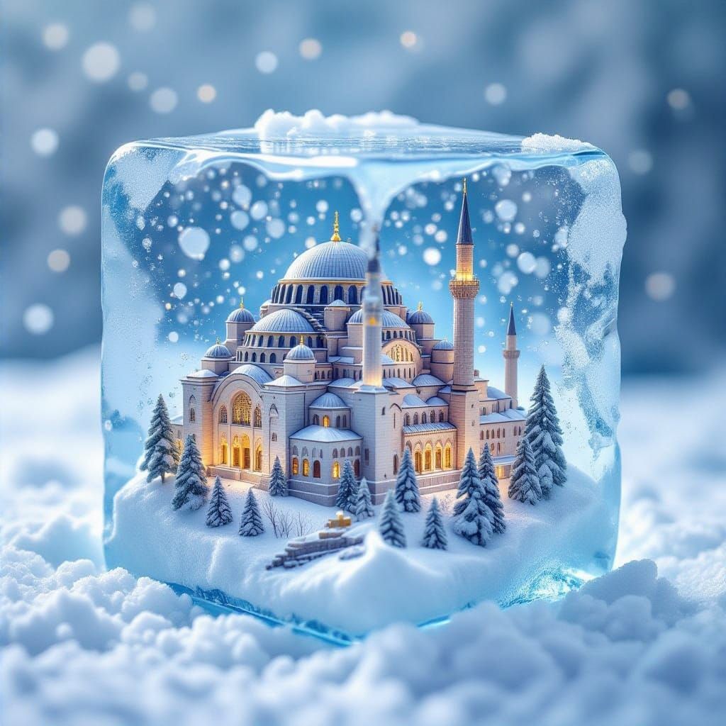 Miniature World Trapped in Melting Ice Cube