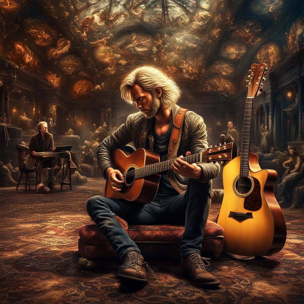 male blond guitarist, love blind brunette woman Epic cinemat...