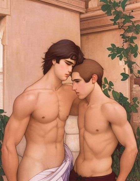 In the style of Armenian manuscript illumination + Studio Ghibli + John William Waterhouse, two beautiful handsome shirtless men with very d...