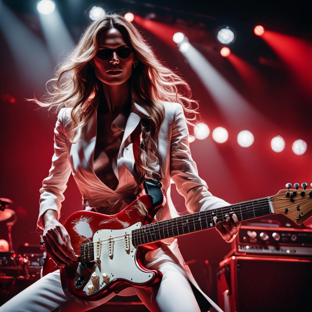Elle McPherson plays Sultans of Swing red/white Fender guita...