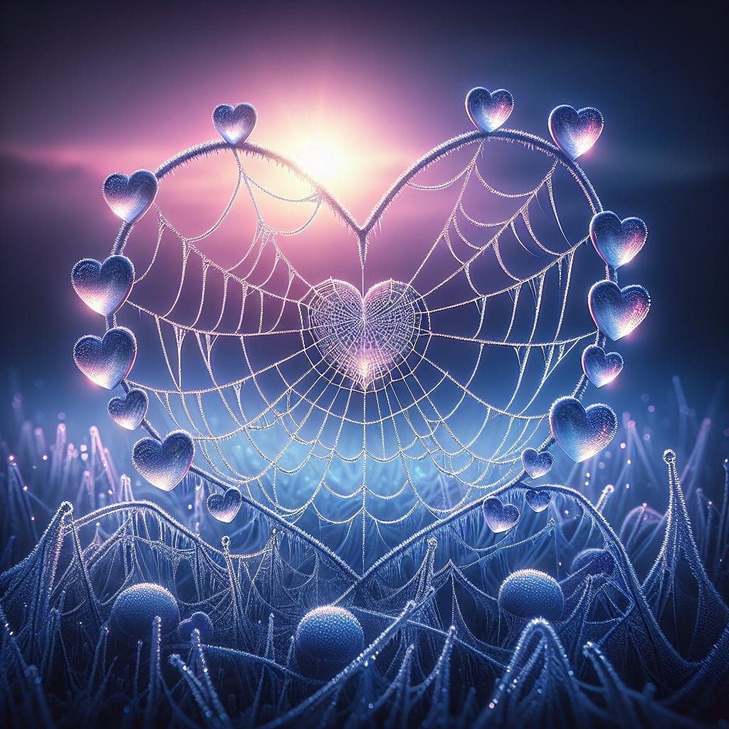 Heart-Shaped Spiderweb with Frosty Dew Drops