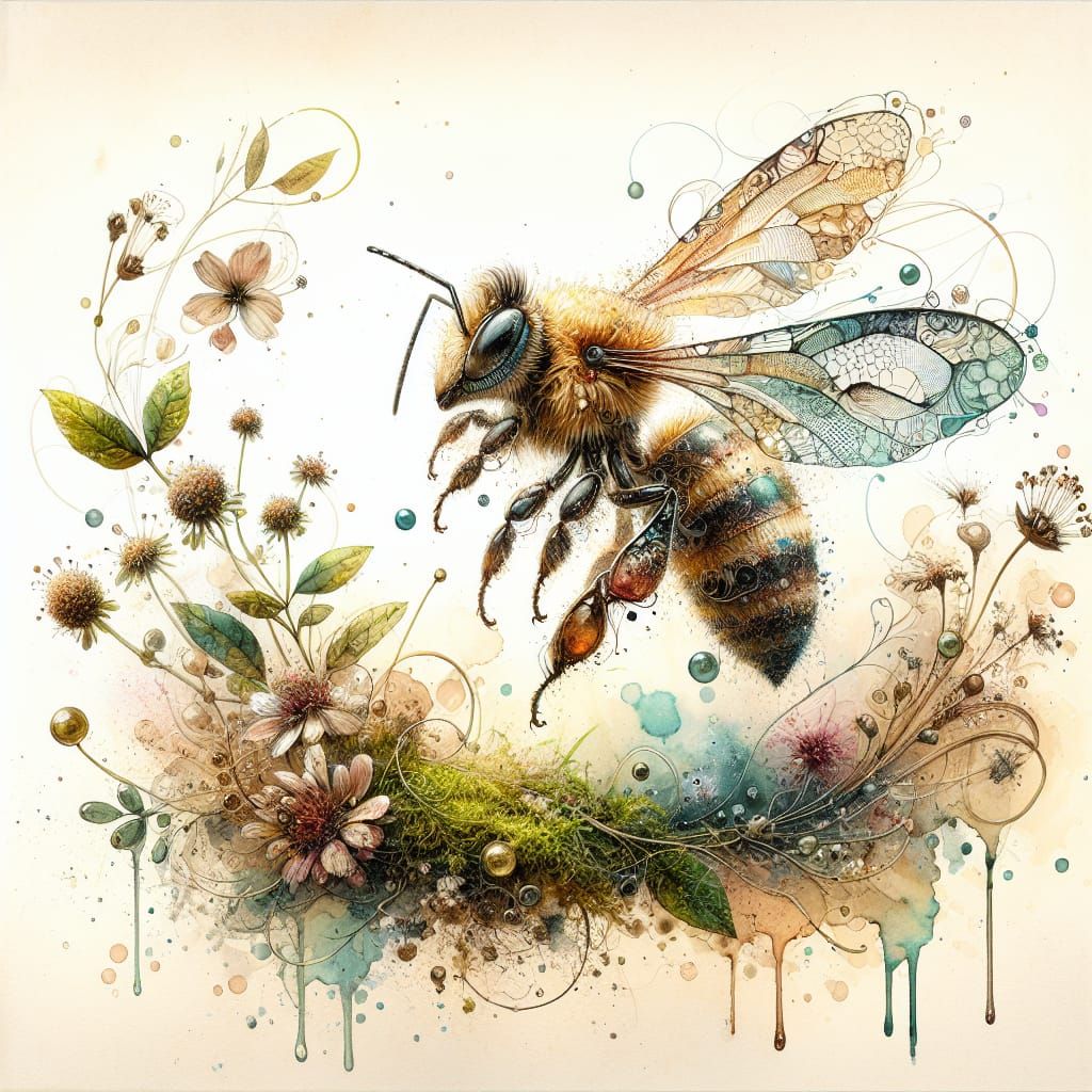 A watercolor illustration of a bee.  by @BethM-L