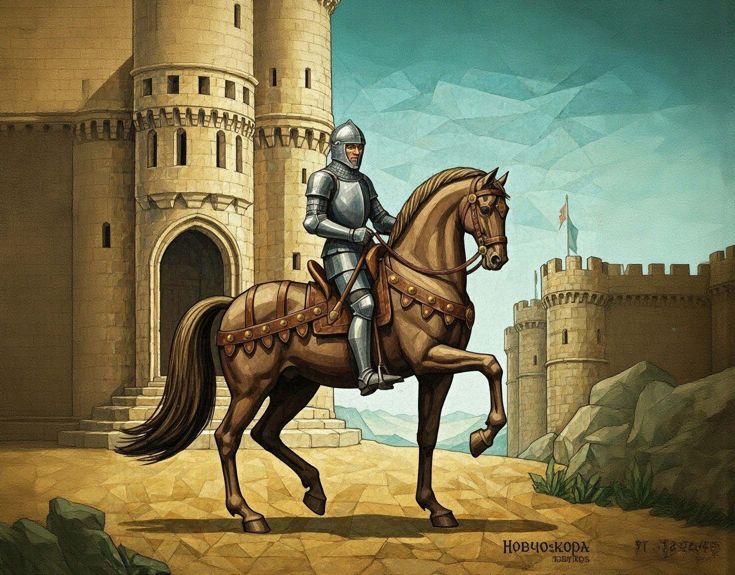A Cubist style masterpiece of a Knight in the 1200s riding a powerful horse outside of a castle

