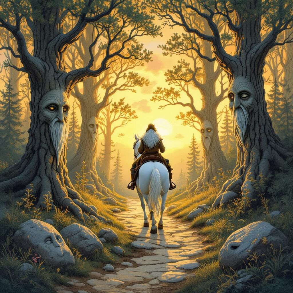 Enchanted pine forest near sunset magical trees with faces, rocks on the ground with faces. There are magical creatures hiding in many spots...