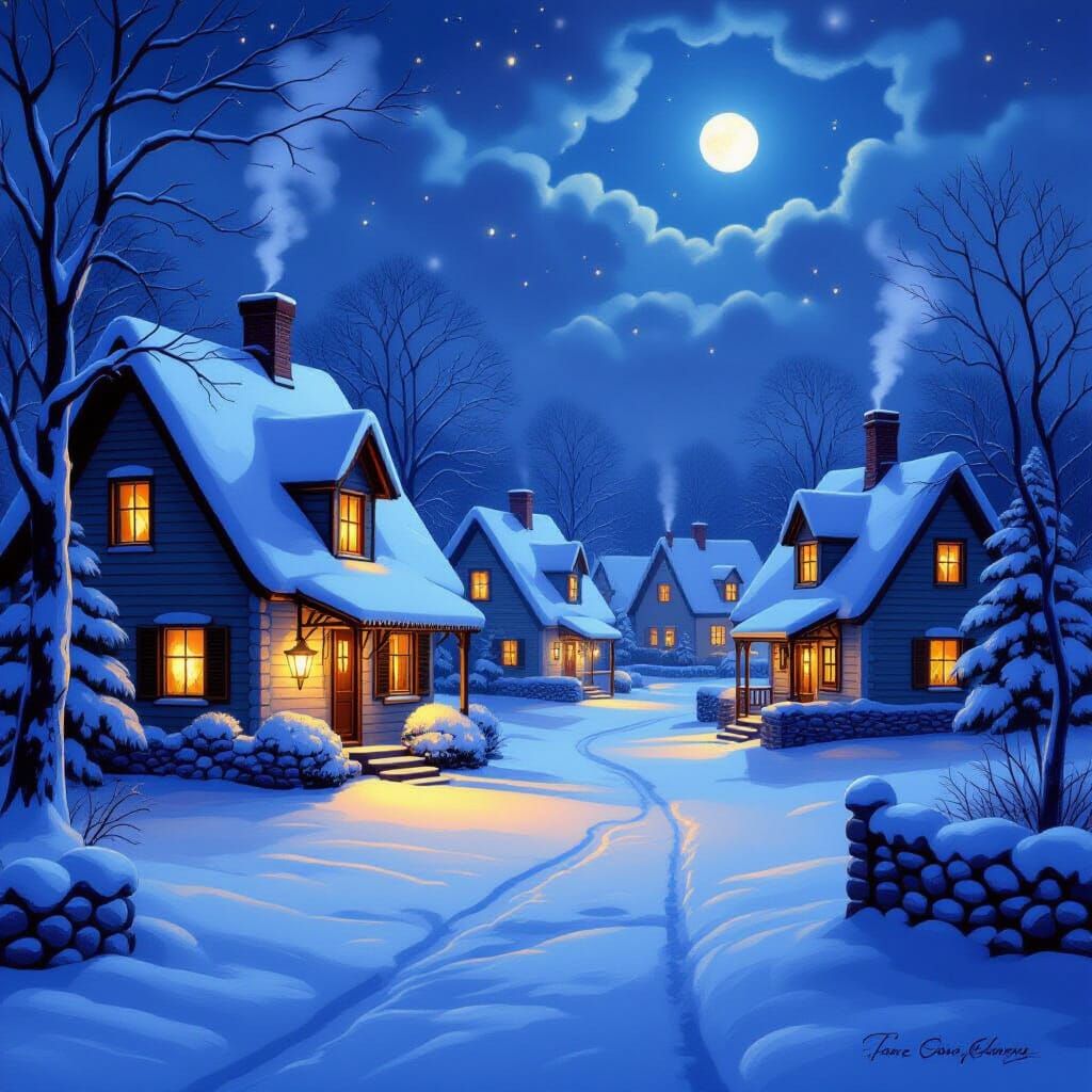 Cozy Snow Village at Night in Painterly Style