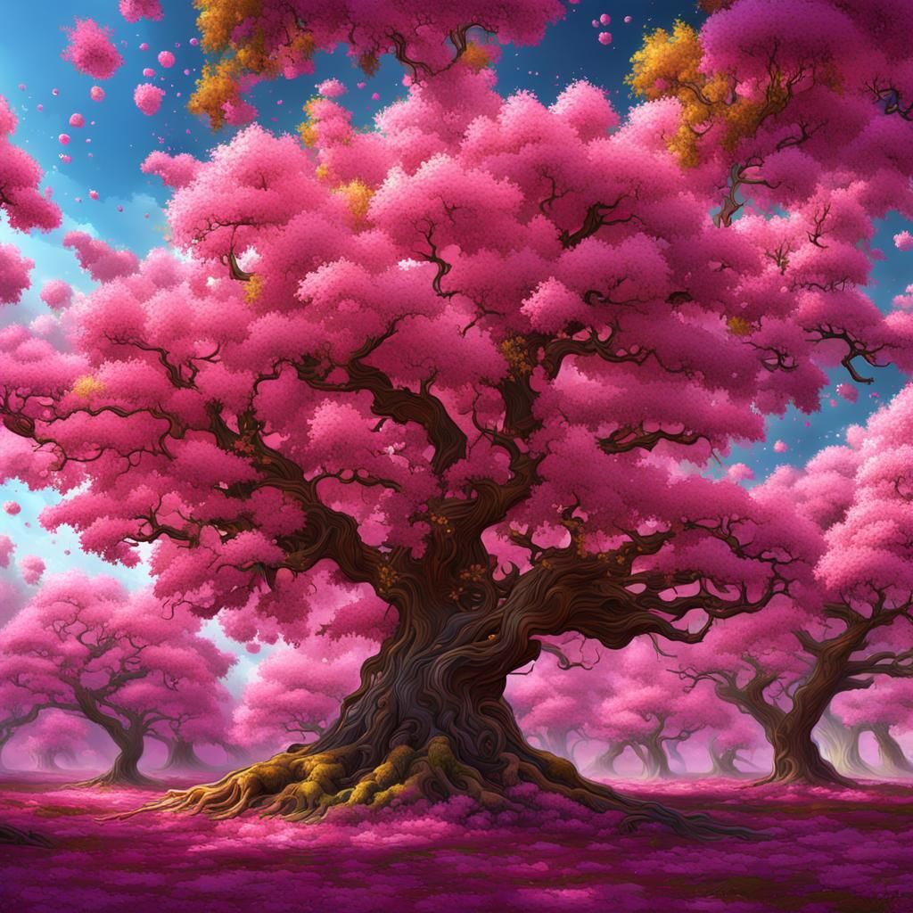 Kwanzan cherry tree; gold flecks; Speedpaint with large brus...