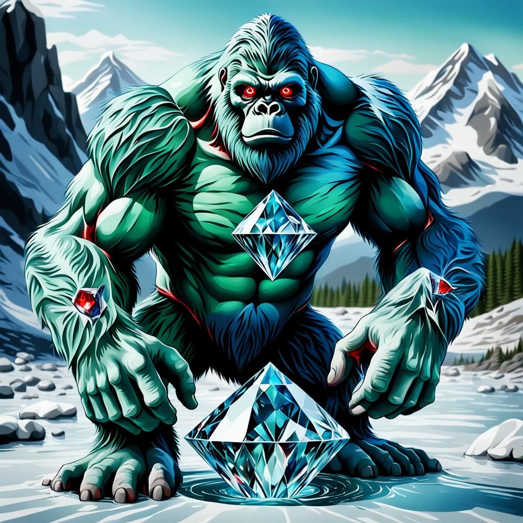 Realistic blue green color Bigfoot cracking open a diamond a...